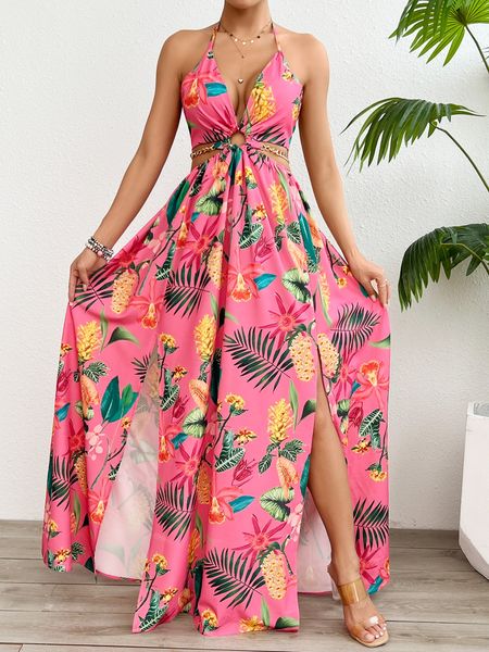 Printed Backless Side Slit Halter Dress H6VE68KF2K Pamela Custom Boutique