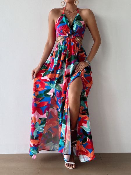 Printed Backless Side Slit Halter Dress H6VE68KF2K Pamela Custom Boutique