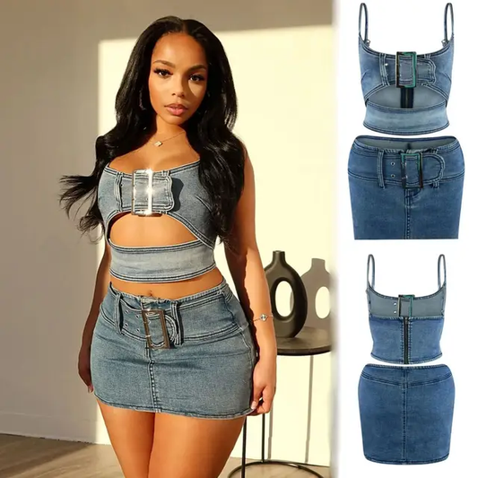 Buckle Me Denim Skirt Set Pamela Custom Boutique