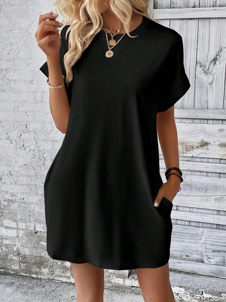 Solid Round Neck Short Sleeve  Side Pocket Dress HEL24PBE6U Pamela Custom Boutique