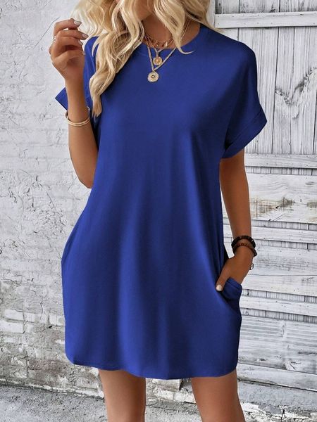 Solid Round Neck Short Sleeve  Side Pocket Dress HEL24PBE6U Pamela Custom Boutique