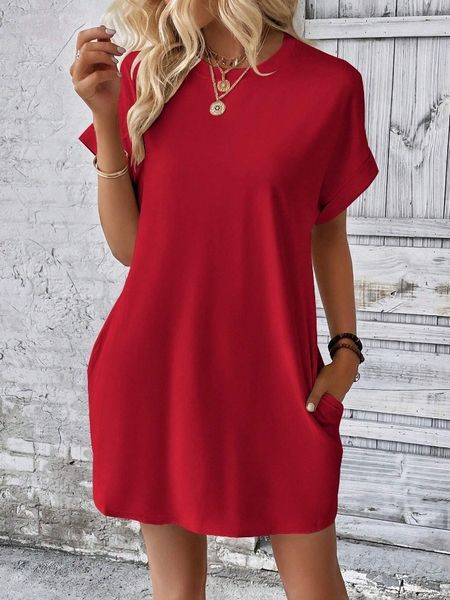 Solid Round Neck Short Sleeve  Side Pocket Dress HEL24PBE6U Pamela Custom Boutique