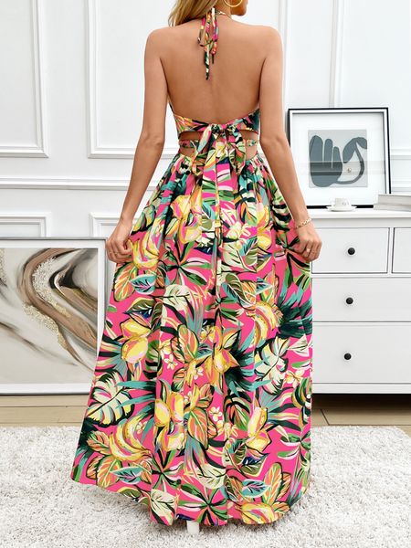 Printed Backless Side Slit Halter Dress H6VE68KF2K Pamela Custom Boutique