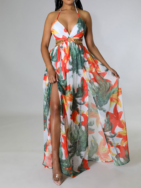 Printed Backless Side Slit Halter Dress H6VE68KF2K Pamela Custom Boutique