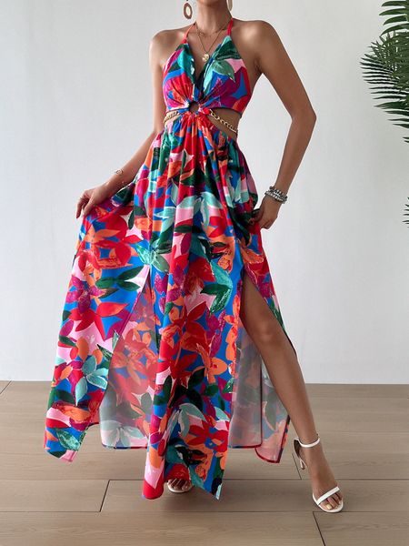 Printed Backless Side Slit Halter Dress H6VE68KF2K Pamela Custom Boutique