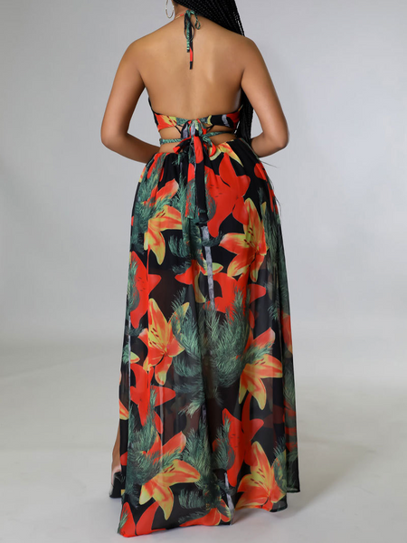 Printed Backless Side Slit Halter Dress H6VE68KF2K Pamela Custom Boutique