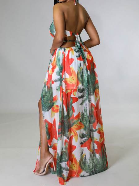 Printed Backless Side Slit Halter Dress H6VE68KF2K Pamela Custom Boutique