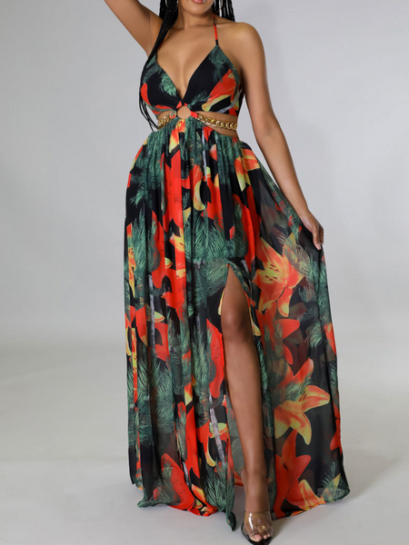 Printed Backless Side Slit Halter Dress H6VE68KF2K Pamela Custom Boutique