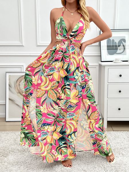 Printed Backless Side Slit Halter Dress H6VE68KF2K Pamela Custom Boutique