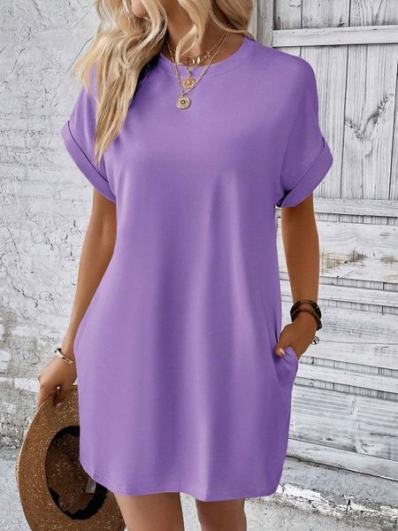 Solid Round Neck Short Sleeve  Side Pocket Dress HEL24PBE6U Pamela Custom Boutique