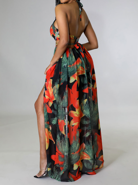 Printed Backless Side Slit Halter Dress H6VE68KF2K Pamela Custom Boutique