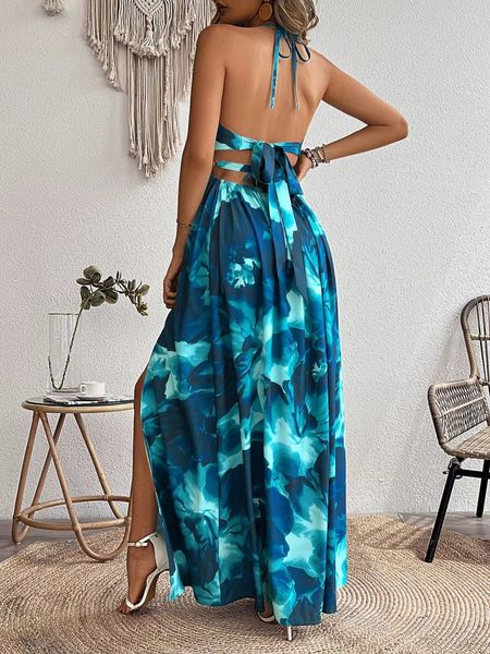 Printed Backless Side Slit Halter Dress H6VE68KF2K Pamela Custom Boutique