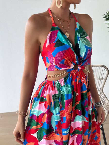 Printed Backless Side Slit Halter Dress H6VE68KF2K Pamela Custom Boutique