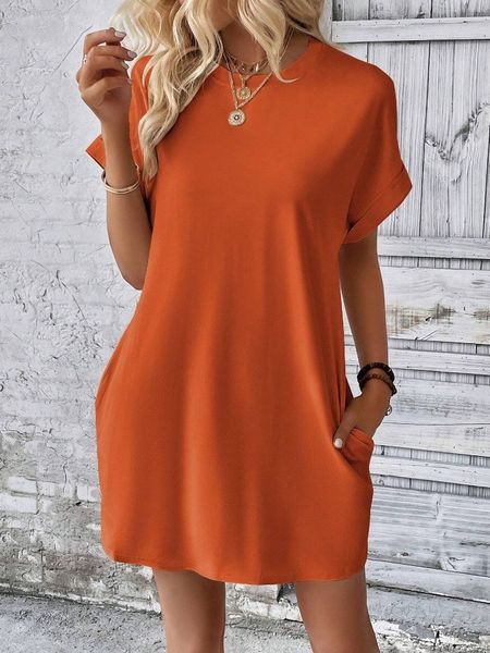 Solid Round Neck Short Sleeve  Side Pocket Dress HEL24PBE6U Pamela Custom Boutique