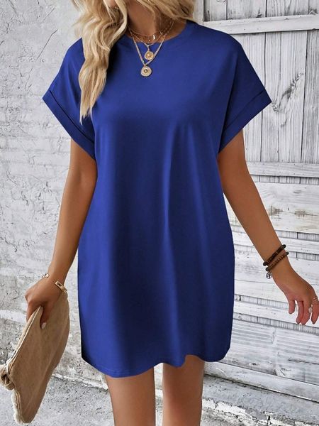 Solid Round Neck Short Sleeve  Side Pocket Dress HEL24PBE6U Pamela Custom Boutique