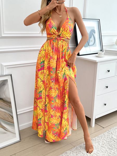 Printed Backless Side Slit Halter Dress H6VE68KF2K Pamela Custom Boutique