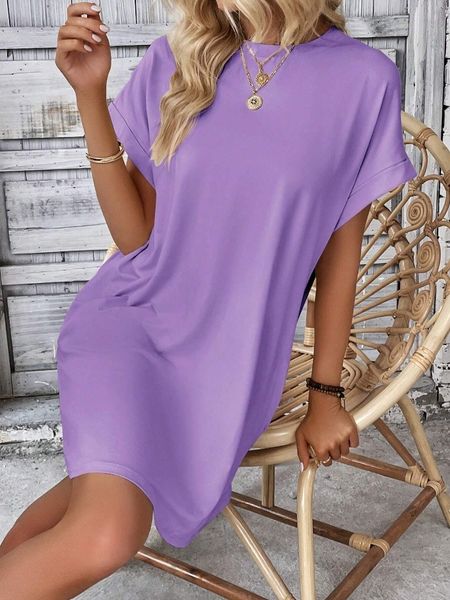 Solid Round Neck Short Sleeve  Side Pocket Dress HEL24PBE6U Pamela Custom Boutique