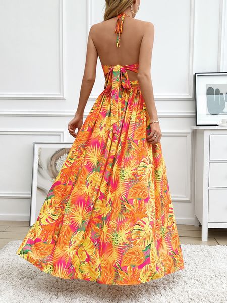 Printed Backless Side Slit Halter Dress H6VE68KF2K Pamela Custom Boutique