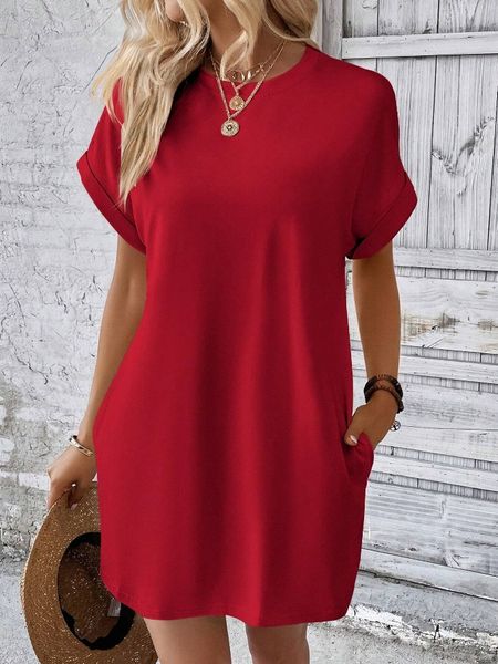 Solid Round Neck Short Sleeve  Side Pocket Dress HEL24PBE6U Pamela Custom Boutique