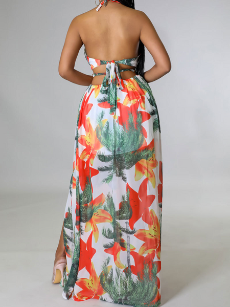 Printed Backless Side Slit Halter Dress H6VE68KF2K Pamela Custom Boutique