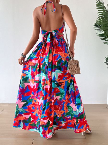 Printed Backless Side Slit Halter Dress H6VE68KF2K Pamela Custom Boutique